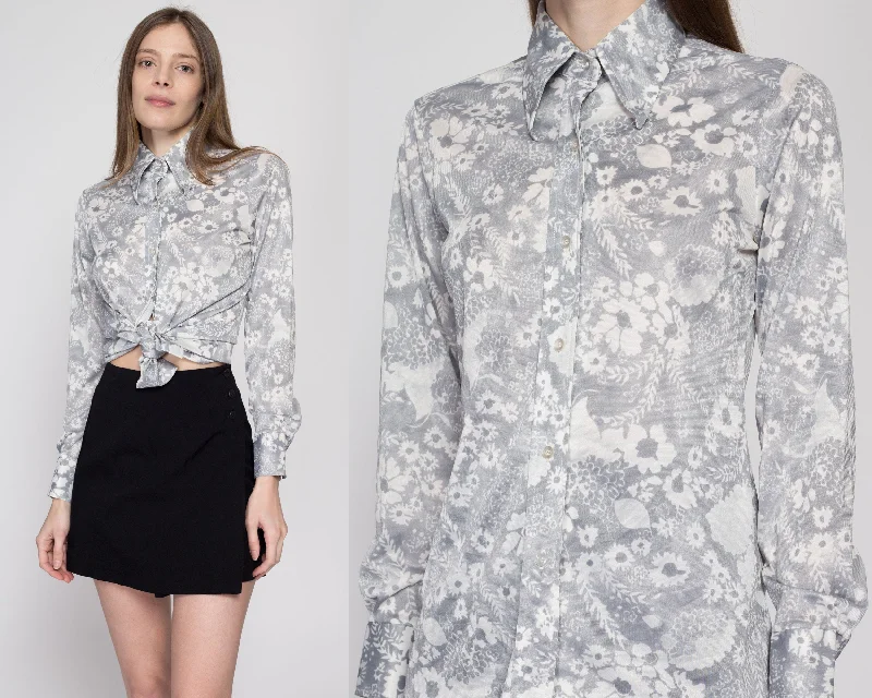 Medium 70s Grey Floral Dagger Collar Blouse Versatile Layering Blouse