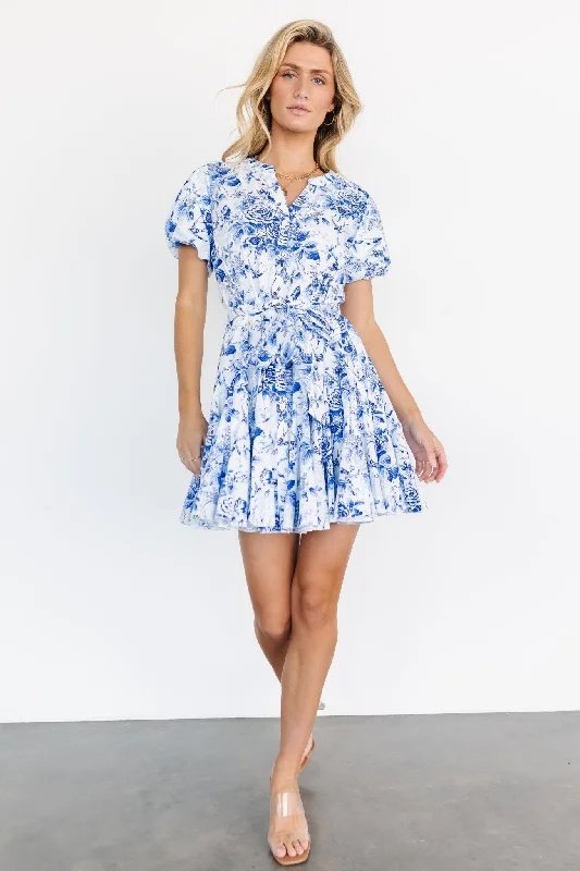 Mikki Mini Dress | White + Blue Comfortable Shift Mini Dress