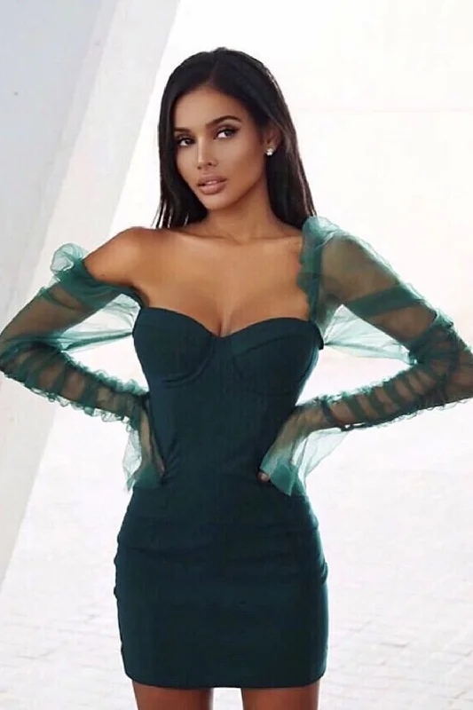 Milani Green Sheer Mesh Net Long Sleeve Bustier Bodycon Mini Dress Trendy Floral Mini Dress