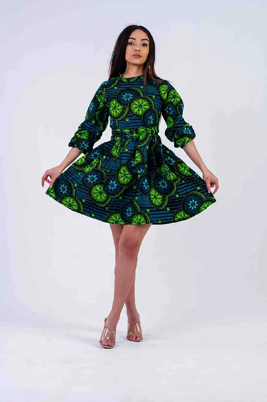 Ola Mini Dress | Green African Print Elegant Silk Mini Dress