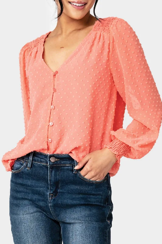 Pin Dot Smocked Detail V-Neck Blouse Modern Oversized Blouse