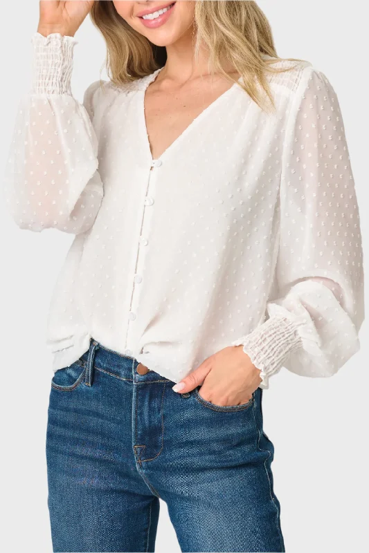 Pin Dot Smocked Detail V-Neck Blouse Chic Ruffle Blouse