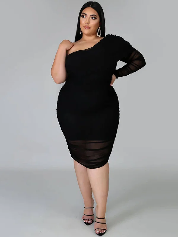 Plus Size One Shoulder Long Sleeve Mini Dress Classic Solid Mini Dress