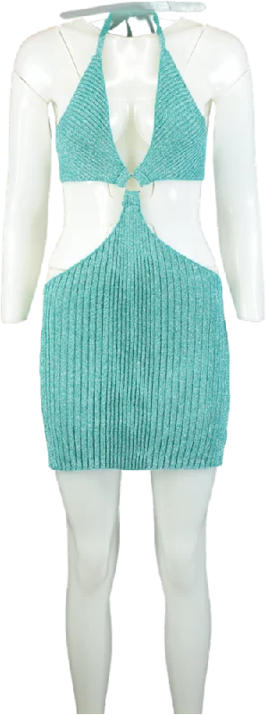 PrettyLittleThing Turquoise Glitter Knit Cut Out Mini Dress UK M Chic Sleeveless Mini Dress