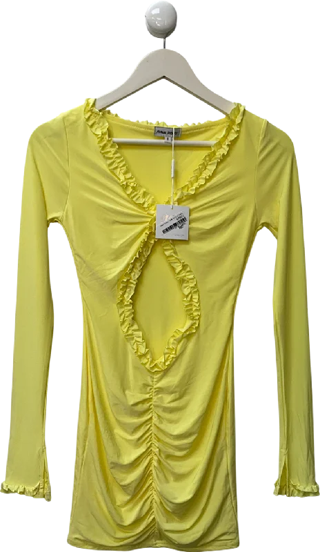 Public Desire Frill Detail Cut Out Ruched Mini Dress Yellow UK 8 Comfortable Bodycon Mini Dress