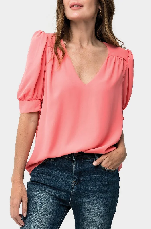 Puff Sleeve V-Neck Blouse Lightweight Chiffon Blouse