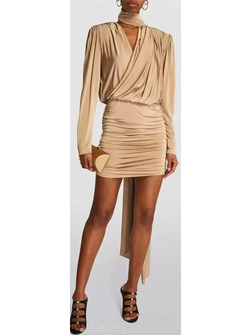 Satin Draped Mini Dress With Scarf, Beige Comfortable Casual Mini Dress