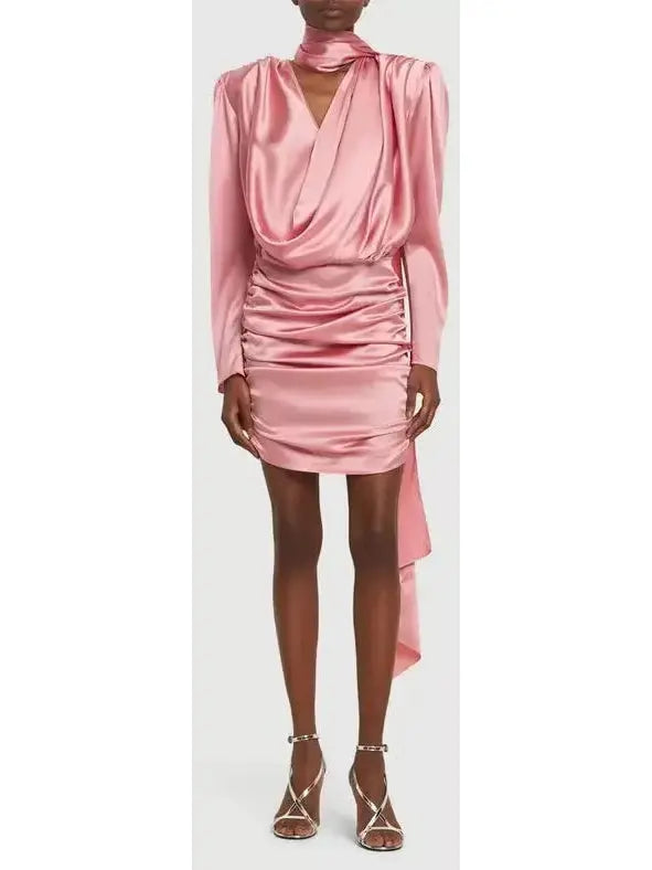 Satin Draped Mini Dress With Scarf, Pink Cozy Cotton Mini Dress