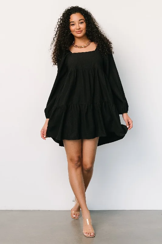 Selena Tiered Mini Dress | Black Cozy Satin Mini Dress