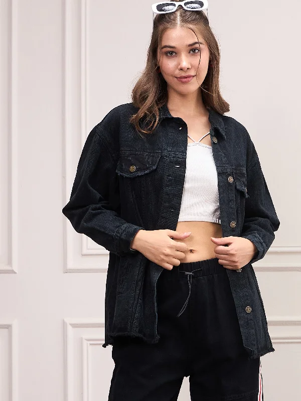 Women Black Washed Denim Shacket Everyday Stylish Blouse