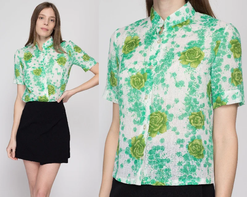 Small 70s Green Floral Button Up Nehru Collar Blouse Satin Bow Blouse