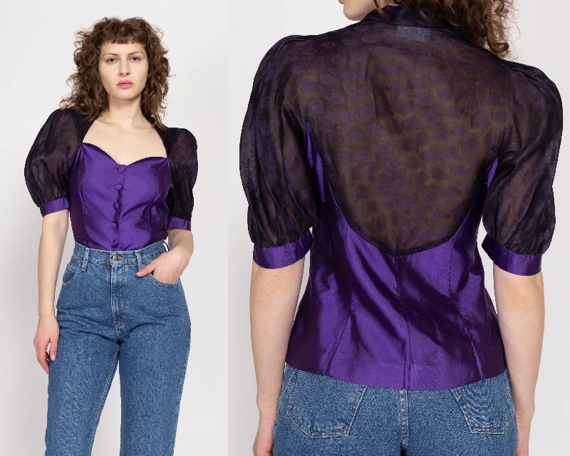 Small 80s Purple Silk Puff Sleeve Blouse Elegant Lace Blouse