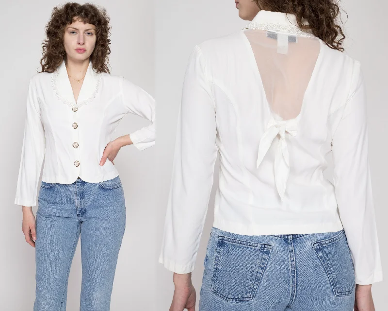 Small 80s White Sheer Panel Collared Blouse Modern Oversized Blouse