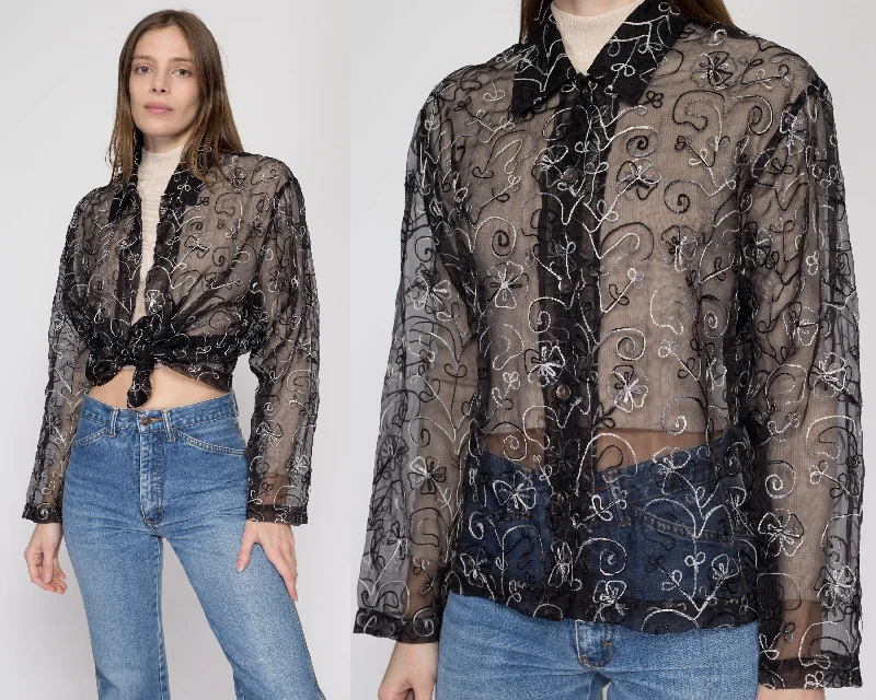 Small 90s Sheer Black Silk Embroidered Blouse Soft Satin Blouse