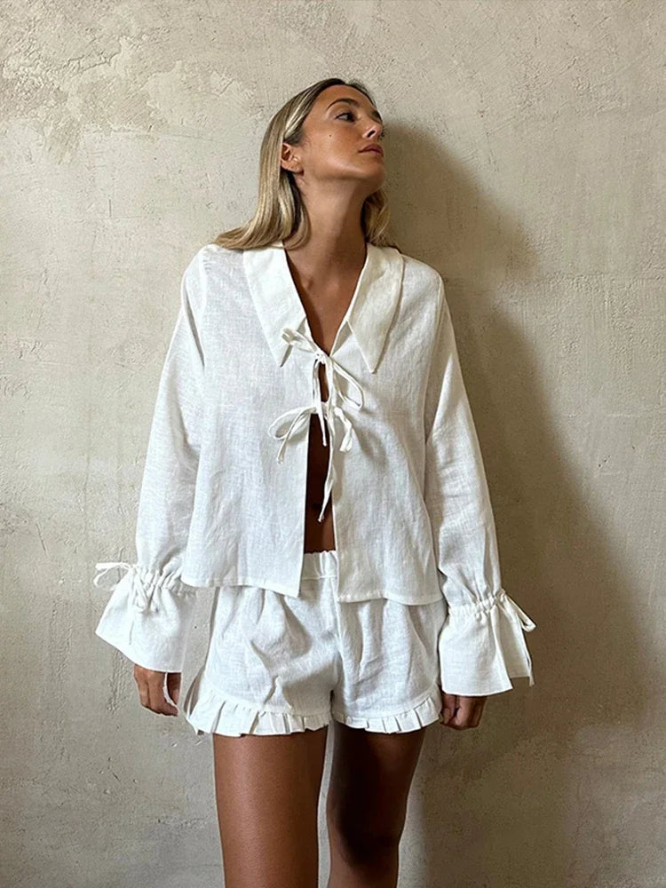 Tie Lantern Sleeve Blouse & Ruffles Shorts Sets Elegant Office Blouse