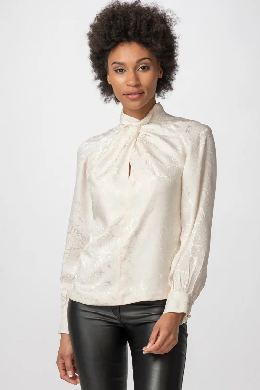 Twisted Silk Mock Turtleneck Blouse Feminine Ruffle Blouse