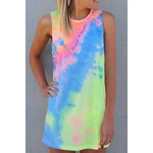 Sweet Style Round Neck Sleeveless Tie-Dyed Colorful Women's Mini Dress - S Chic Halter Mini Dress