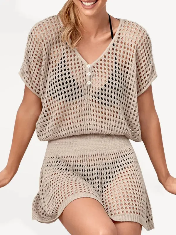 Knitted See-Through Low Waist Twisted Sling Mini Dress Stylish Button-Down Mini Dress