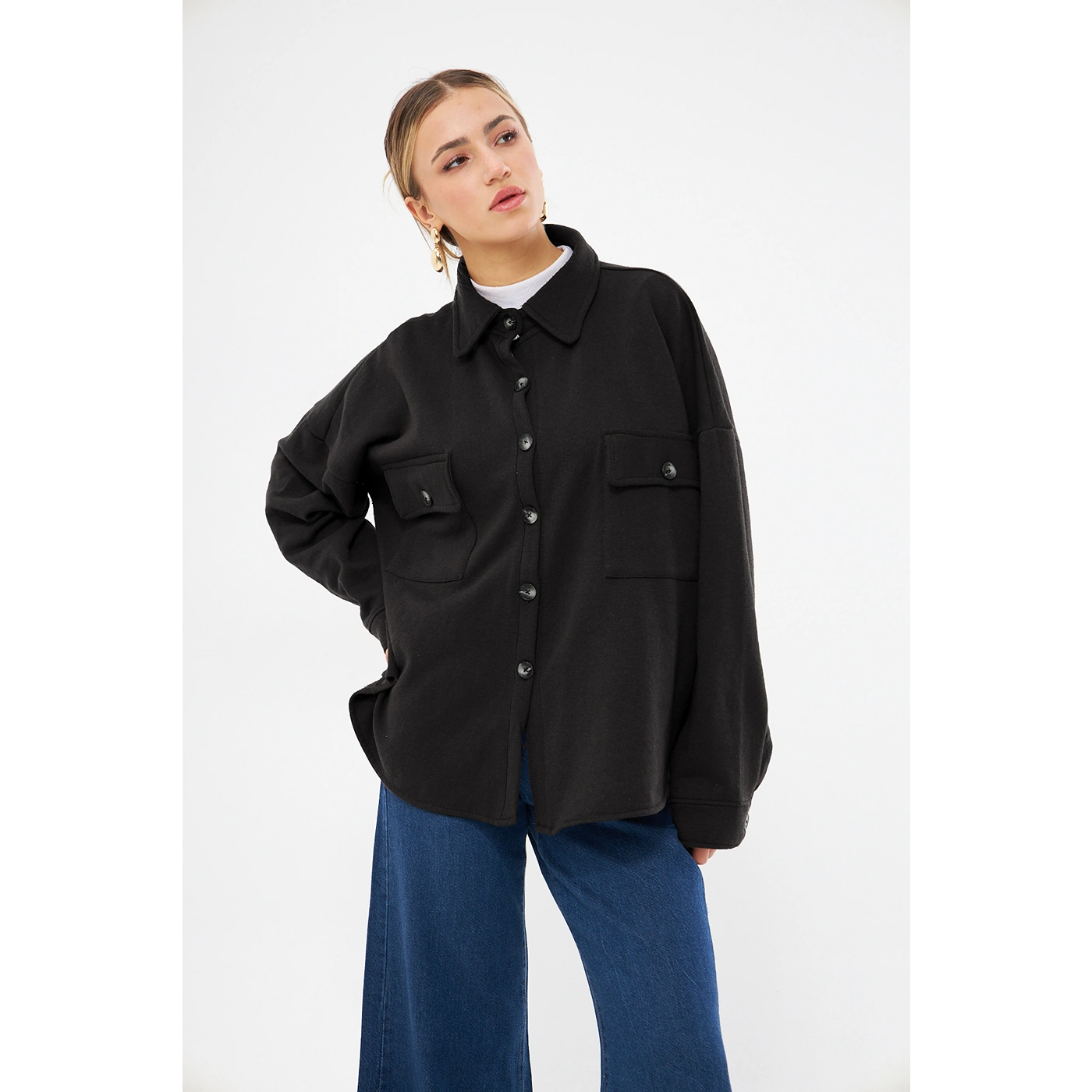 Black Oversized Button Down Shacket Frilled Cuff Blouse