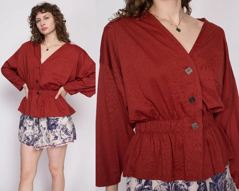 80s Rust Red Batwing Sleeve Blouse - Medium Casual Relaxed Fit Blouse