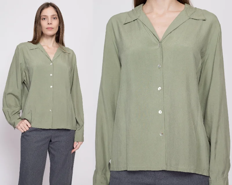 90s Sage Green Silk Blouse - Extra Large Feminine Puff Blouse