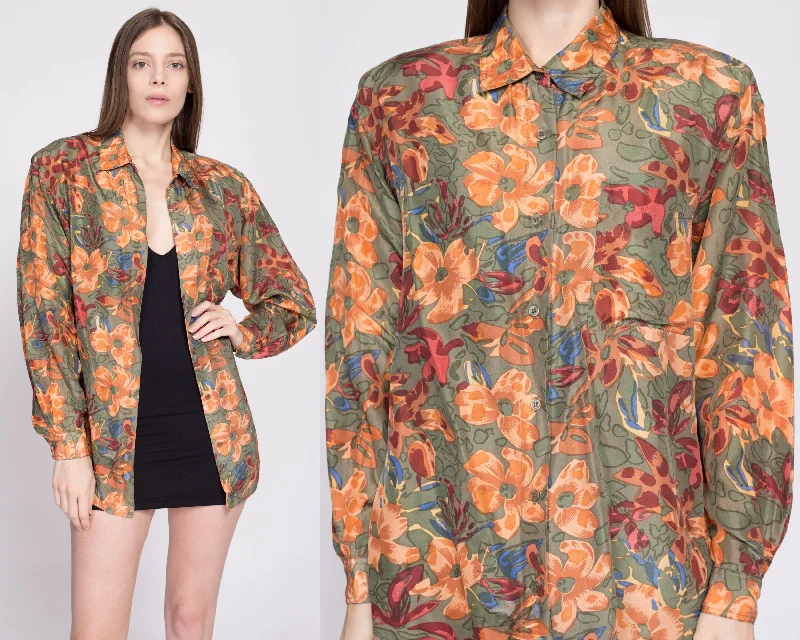 90s Silk Earth Tone Floral Blouse - Medium Sheer Mesh Blouse