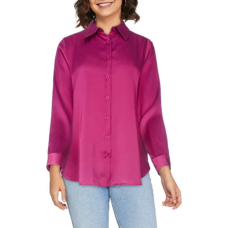 lily morgan Women's Trendsetters Solid Satin Blouse Asymmetric Hem Blouse