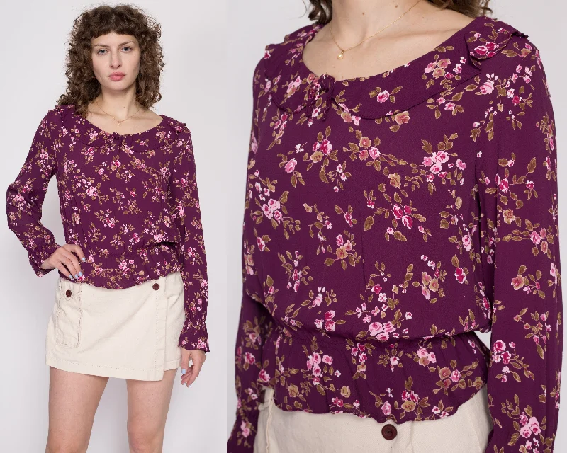 Medium 90s Y2K Boho Purple Floral Blouse Ruched Sleeve Blouse