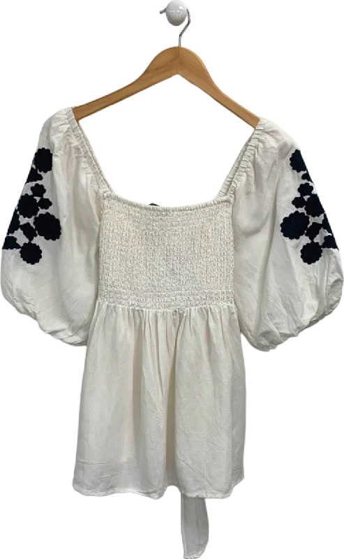 Mint Velvet White Smocked Embroidered Blouse UK M Vintage Lace Blouse