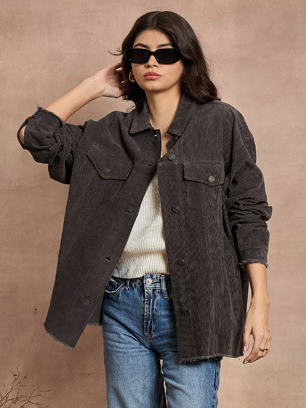 Women Dark Grey Corduroy Oversize Shacket Backless Summer Blouse