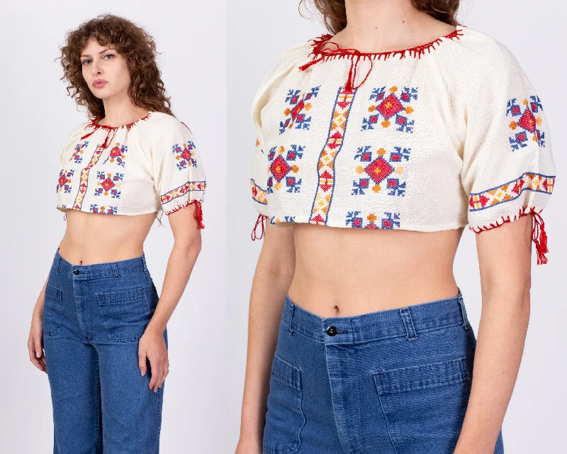 Vintage 30s Embroidered Romanian Peasant Blouse - Petite Medium Gathered Detail Blouse