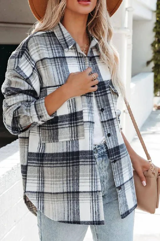 White Plaid Shacket Lightweight Linen Blouse