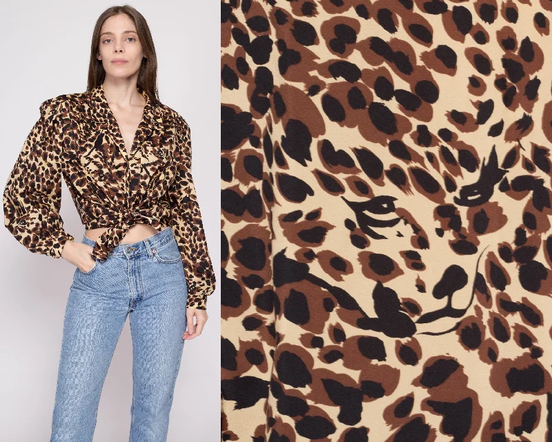 80s Leopard Print Balloon Sleeve Blouse - Extra Large Versatile Layering Blouse