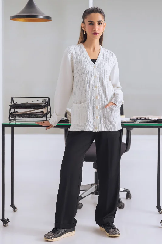 WHITE-FULL SLEEVES V-NECK CARDIGAN SWEATER (24X-173-66) Fitted Slim Tailored