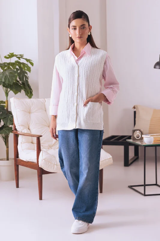 WHITE-SANDO V-NECK CARDIGAN SWEATER (24X-174-66) Solid Color Striped Floral Print