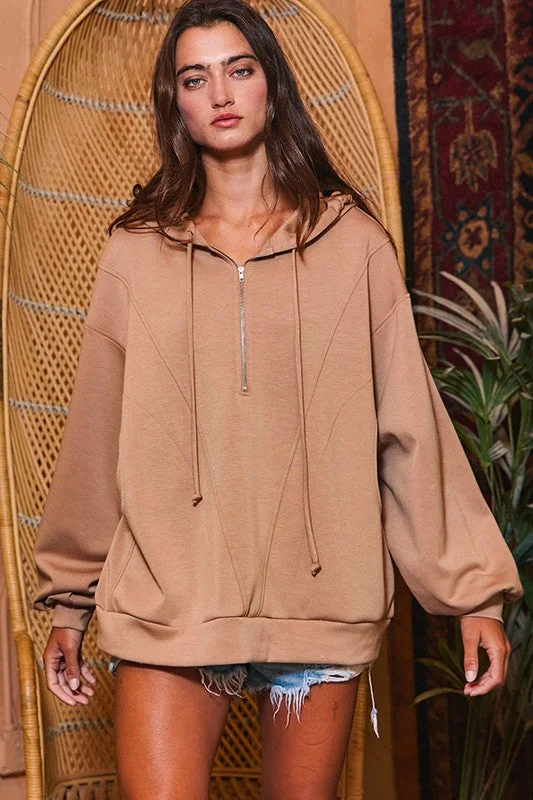 Zip-up Solid Scuba Pullover Hoodie Hoodie with Ribbed Neckline Snug Warm