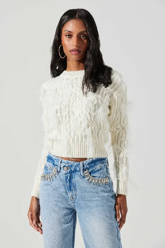 Almeida Feather Cable Knit Sweater Real Fur Shearling Chenille