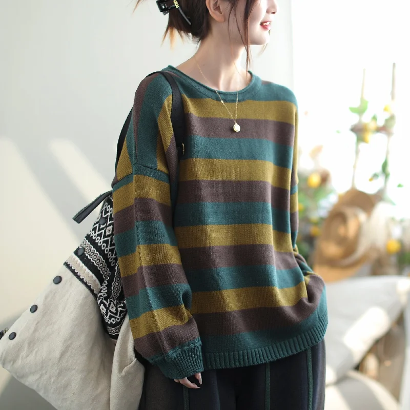 Autumn Fashion Stripe Cotton Knitted Loose Sweater Tailored Straight A-Line