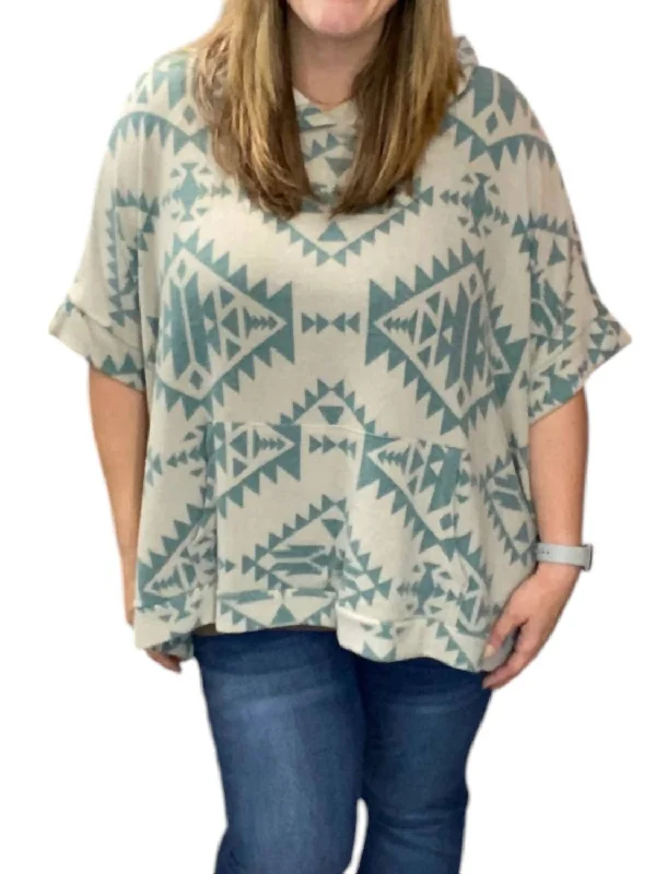 Aztec Hoodie Poncho In Teal Hoodie with Hidden Zipper Minimalist Clean