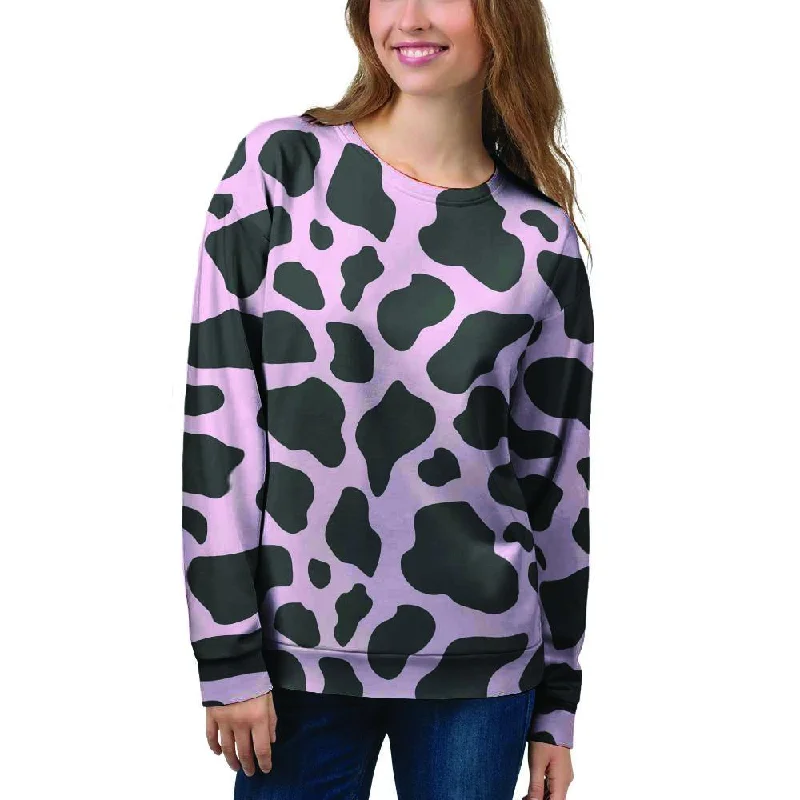 Black And Pink Cow Print Women's Sweatshirt Hoodie with Lining Warm Insulated