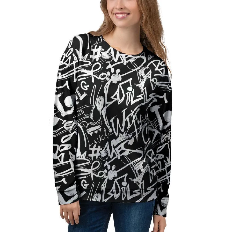 Black And White Graffiti Doodle Text Print Women's Sweatshirt Graphic Hoodie Design Print Black And White Graffiti Doodle Text Print Women's Sweatshirt Graphic Hoodie Design Print