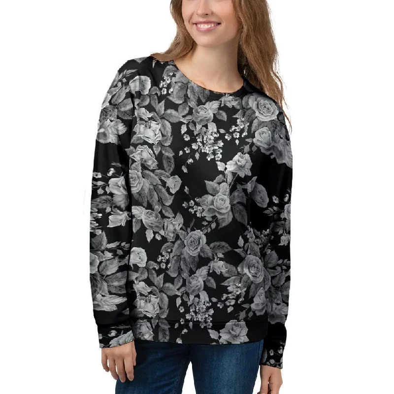 Black And White Rose Flower Women's Sweatshirt Hoodie with Hem Applique Textured Unique Black And White Rose Flower Women's Sweatshirt Hoodie with Hem Applique Textured Unique