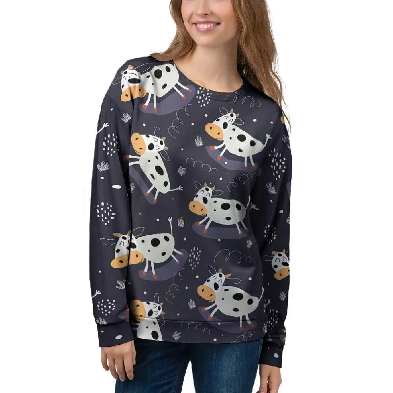 Black Cartoon Cow Print Women's Sweatshirt Hoodie with High-Low Hem Asymmetrical Trendy Black Cartoon Cow Print Women's Sweatshirt Hoodie with High-Low Hem Asymmetrical Trendy