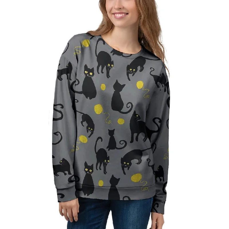 Black Cat Knit Print Women's Sweatshirt Hoodie with Exposed Zipper Edgy Industrial