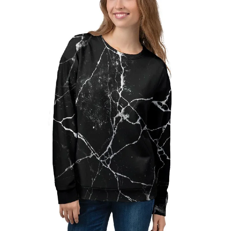 Black Cracked Marble Women's Sweatshirt Hoodie with Button Placket Classic Preppy