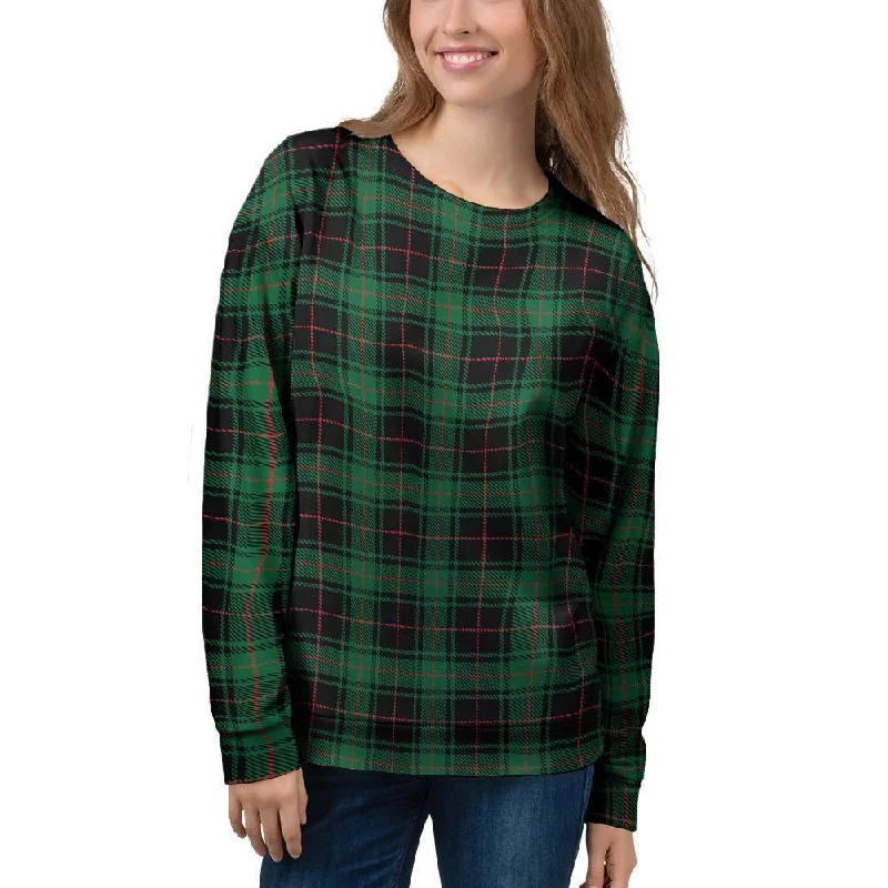 Black Green Plaid Tartan Women's Sweatshirt Hoodie with Rolled Sleeves Casual Relaxed Black Green Plaid Tartan Women's Sweatshirt Hoodie with Rolled Sleeves Casual Relaxed