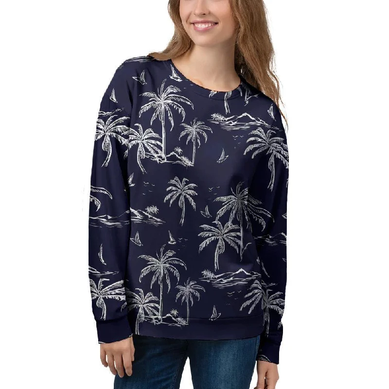 Black Palm Tree Hawaiian Print Women's Sweatshirt Hoodie with Batwing Sleeves Loose Dramatic Black Palm Tree Hawaiian Print Women's Sweatshirt Hoodie with Batwing Sleeves Loose Dramatic