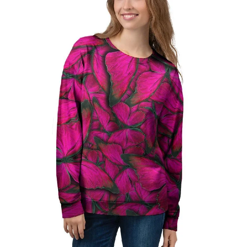 Black Pink Butterfly Print Women's Sweatshirt Hoodie with Relaxed Fit Easy Casual
