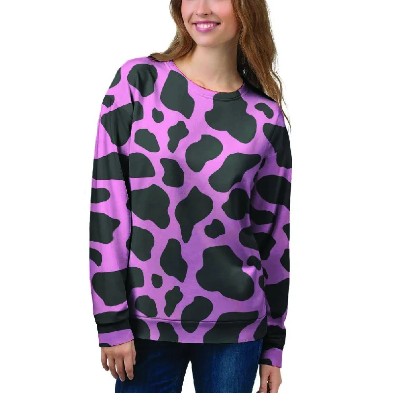 Black Pink Cow Print Women's Sweatshirt Hoodie with Frayed Bohemian Relaxed