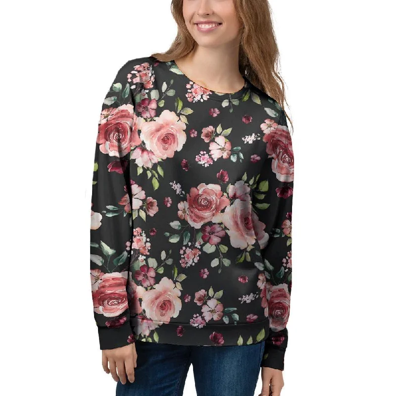 Black Pink Rose Flower Print Women's Sweatshirt Hoodie with Contrast Stitching Detailed Premium Black Pink Rose Flower Print Women's Sweatshirt Hoodie with Contrast Stitching Detailed Premium